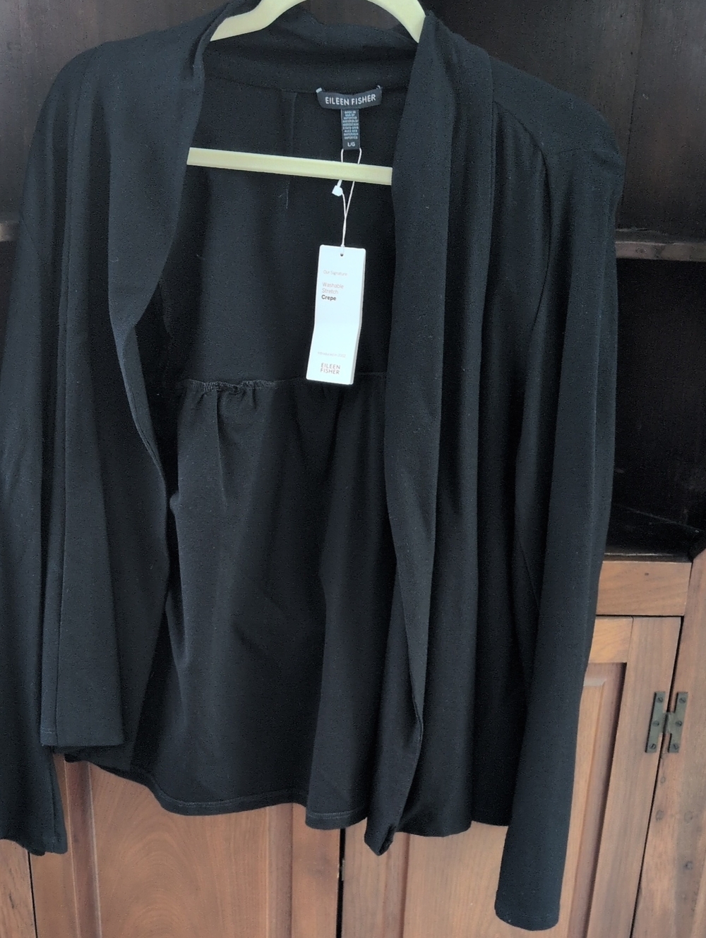 NWT Eileen Fisher Black Draped Open Cardigan-Size Large Washable Stretch Crepe